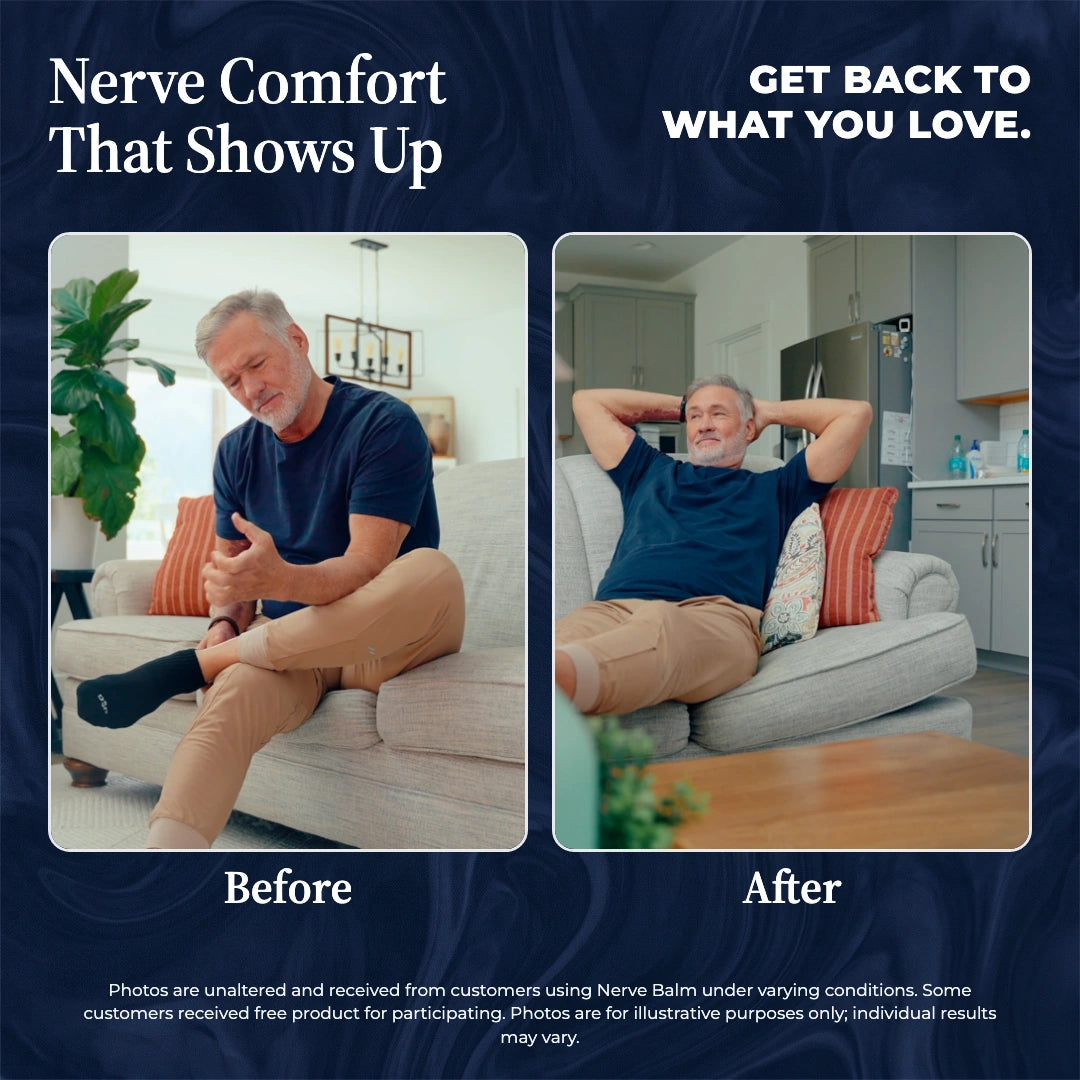 Before and after photos of a man holding his ankle in pain, then reclining comfortably on his couch