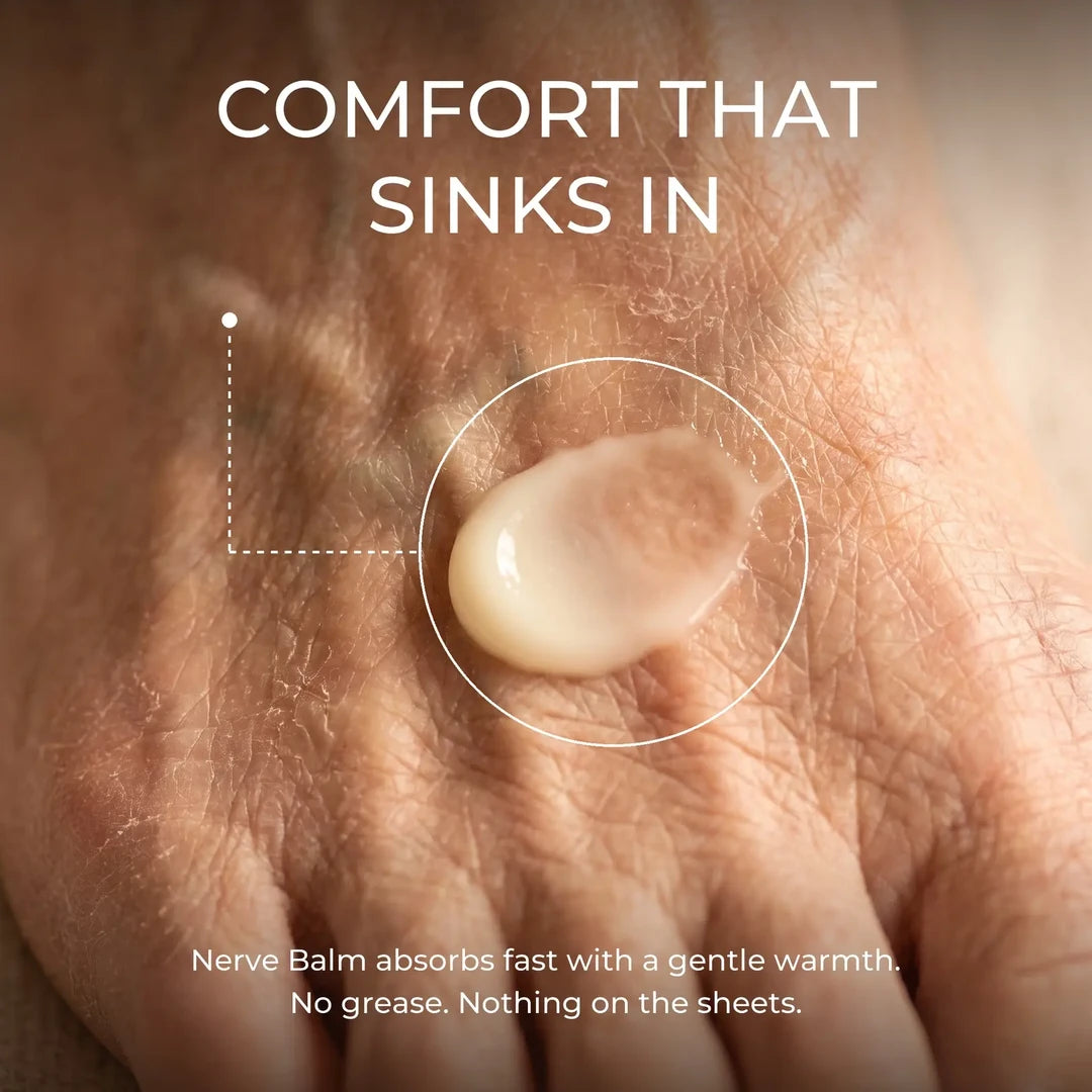 Nerve Balm absorbing into the top of a foot: Comfort that sinks in.
