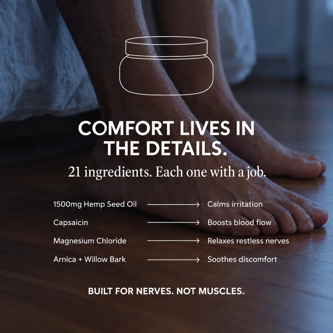 Comfort lives in the details: 21 ingredients, each one with a job. Built for nerves, not muscles.