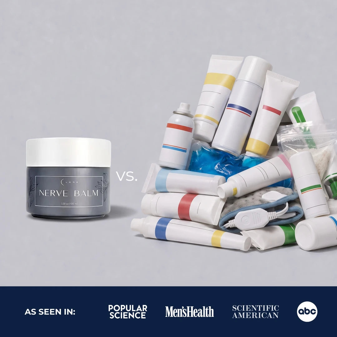 Lune Nerve Balm vs. a pile of creams, sprays and heating pads. As seen in Popular Science, Men's Health, Scientific American and ABC.