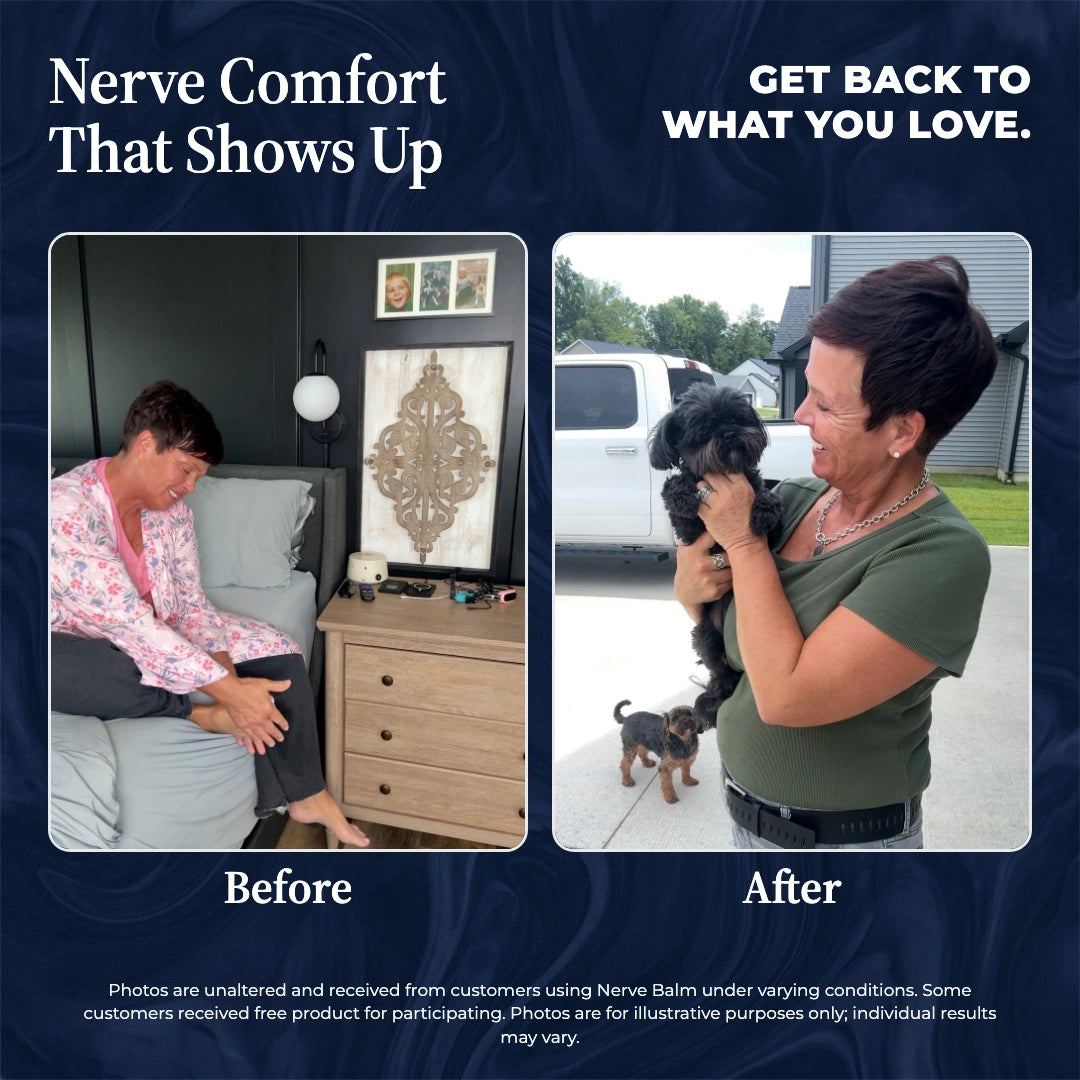 Before and after photos of a woman who held her foot in pain, then stood outside smiling with her dogs