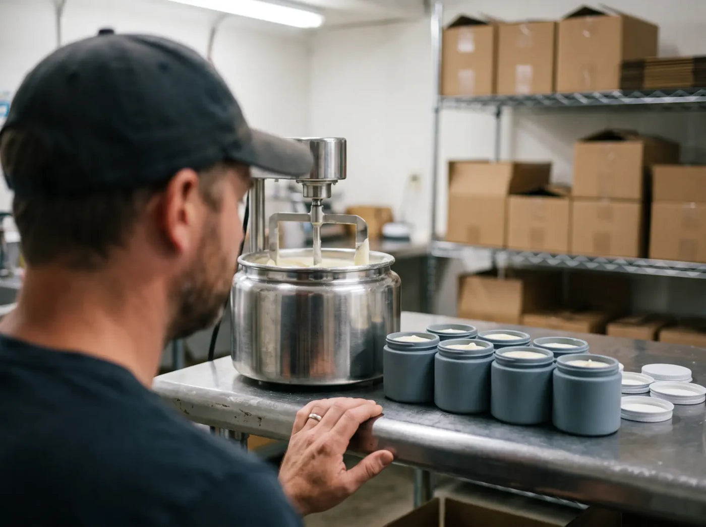 Mixing a fresh batch of Lune Nerve Balm by hand in the workshop.