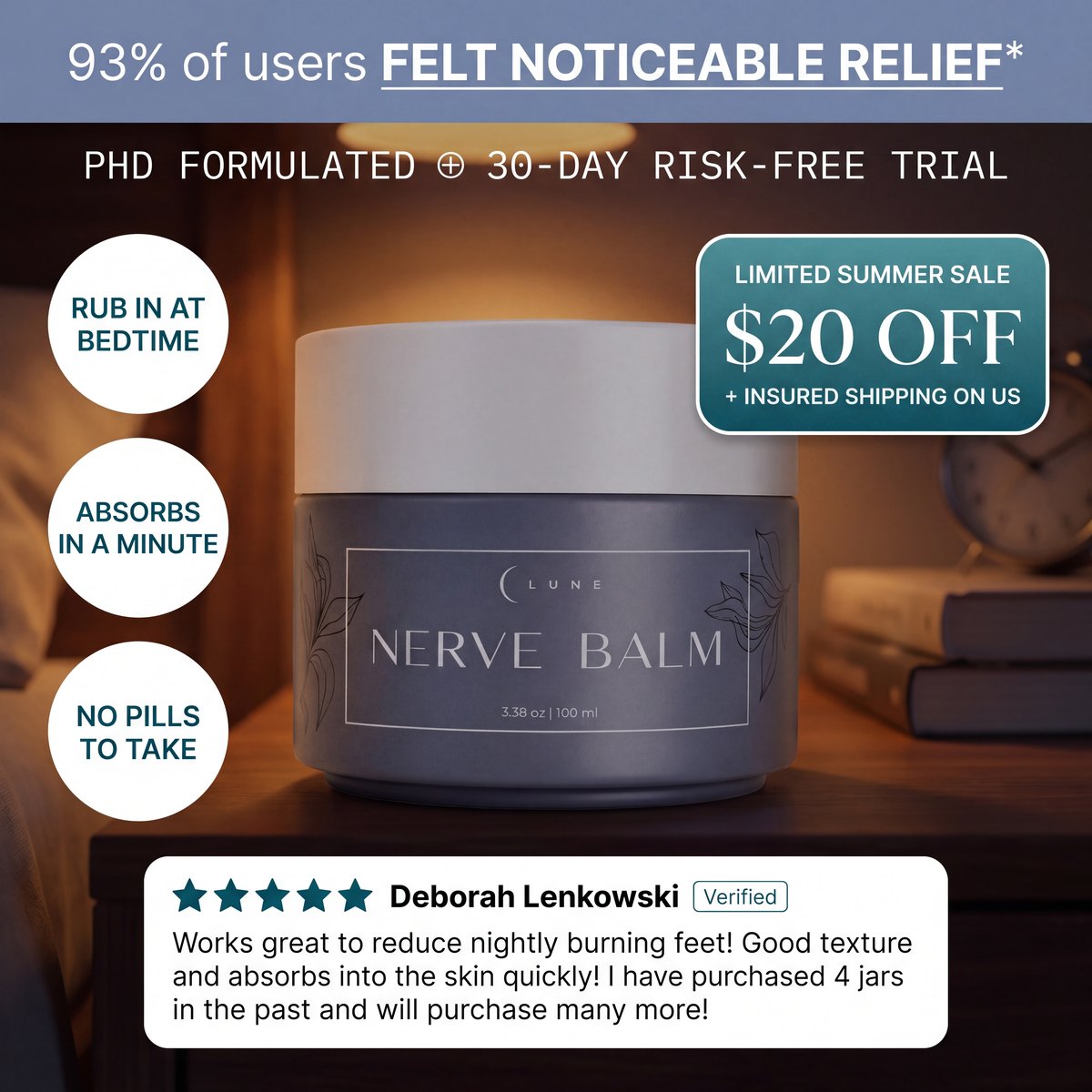 Lune Nerve Balm jar with badges reading rub in at bedtime, absorbs in a minute and no pills to take, a $20 off summer sale flag, and a five-star verified review from Deborah Lenkowski