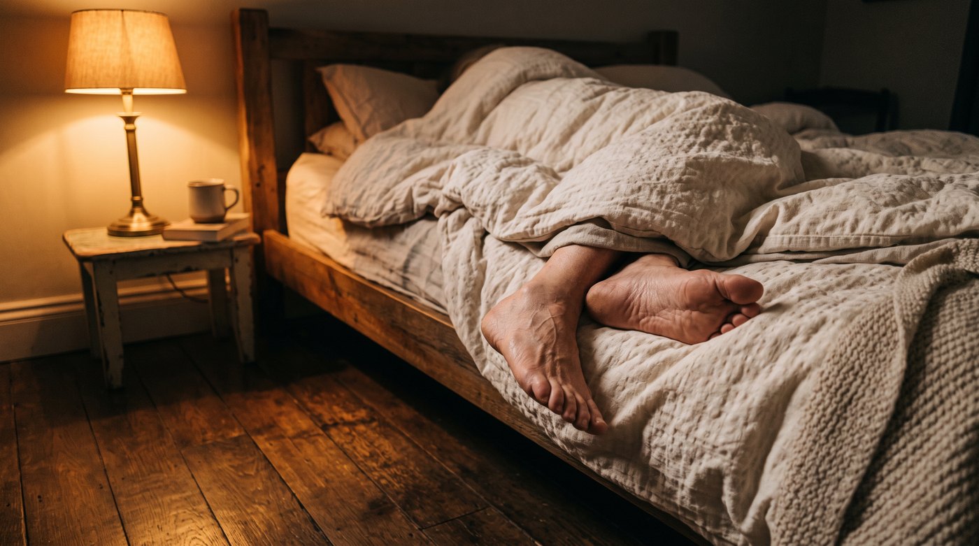 Bare feet of an older adult at rest under a duvet, lit by a single warm bedside lamp