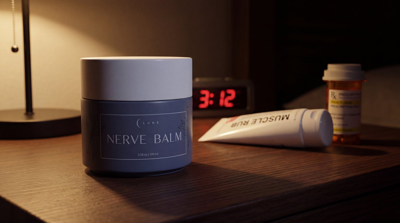 A jar of Lune Nerve Balm in focus on a nightstand at 3:12 AM, a muscle-rub tube and a pill bottle pushed aside and blurred behind it