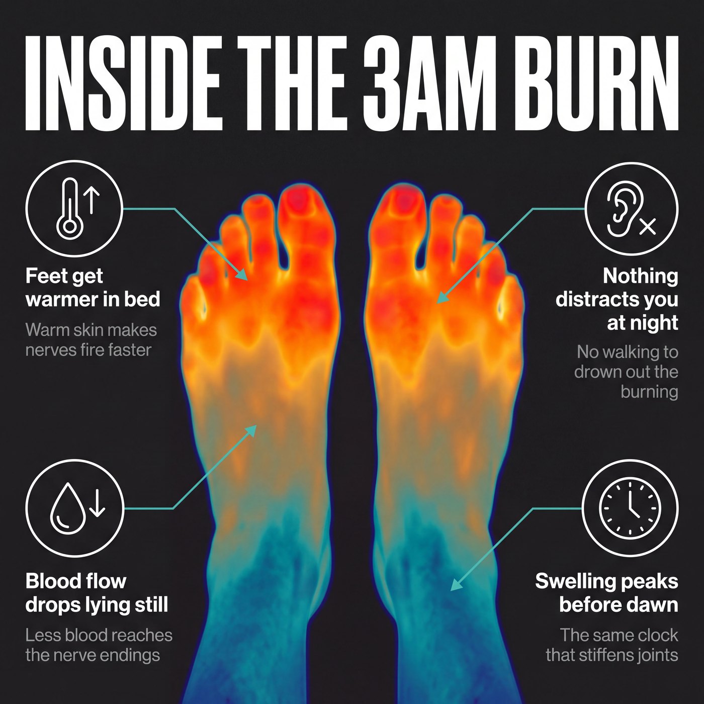 Infographic titled Inside The 3AM Burn: thermal image of two feet with four callouts — feet get warmer in bed, nothing distracts you at night, blood flow drops lying still, and swelling peaks before dawn