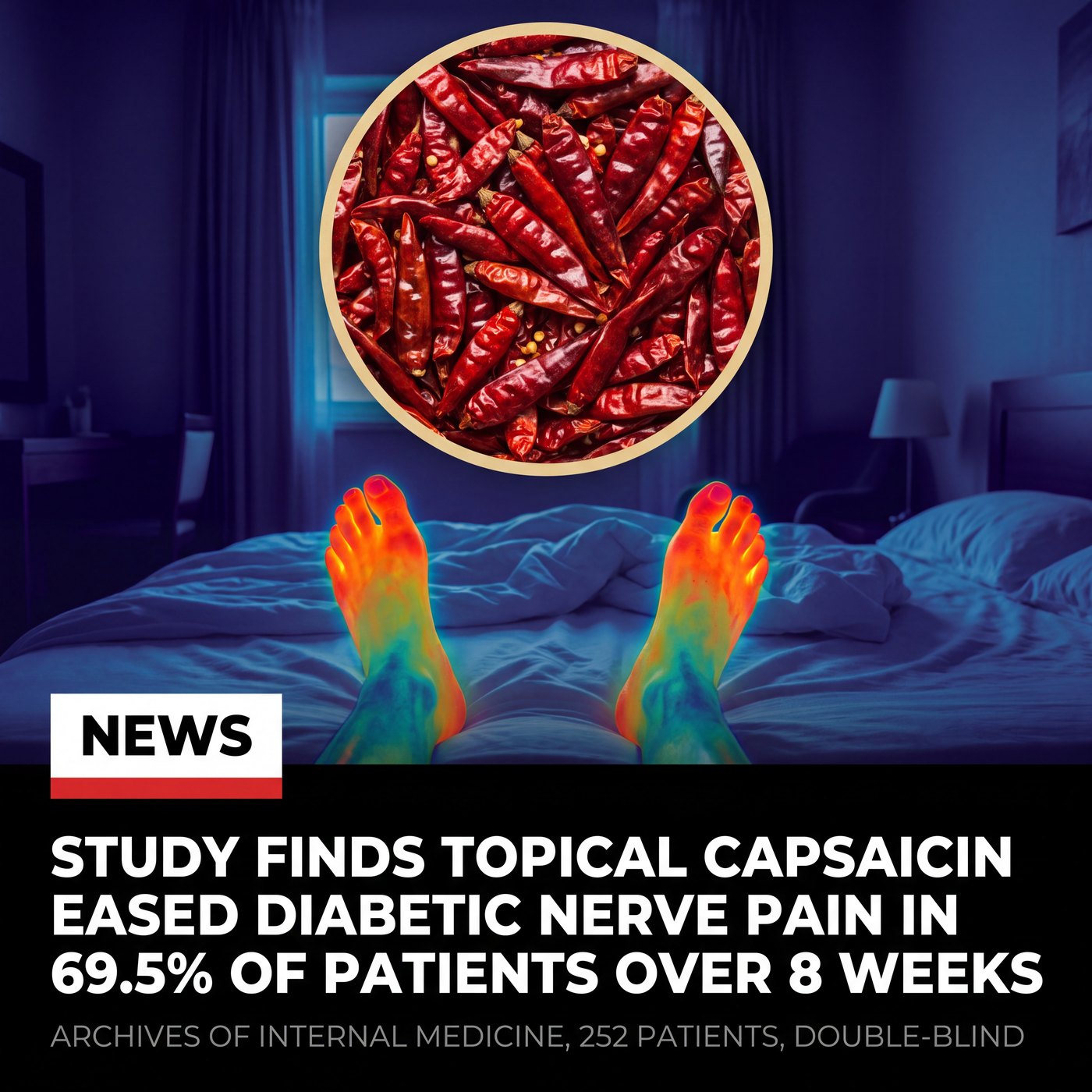 News card: thermal image of burning feet with an inset of dried cayenne chillies, under the headline Study Finds Topical Capsaicin Eased Diabetic Nerve Pain In 69.5% Of Patients Over 8 Weeks, sourced to Archives of Internal Medicine, 252 patients, double-blind