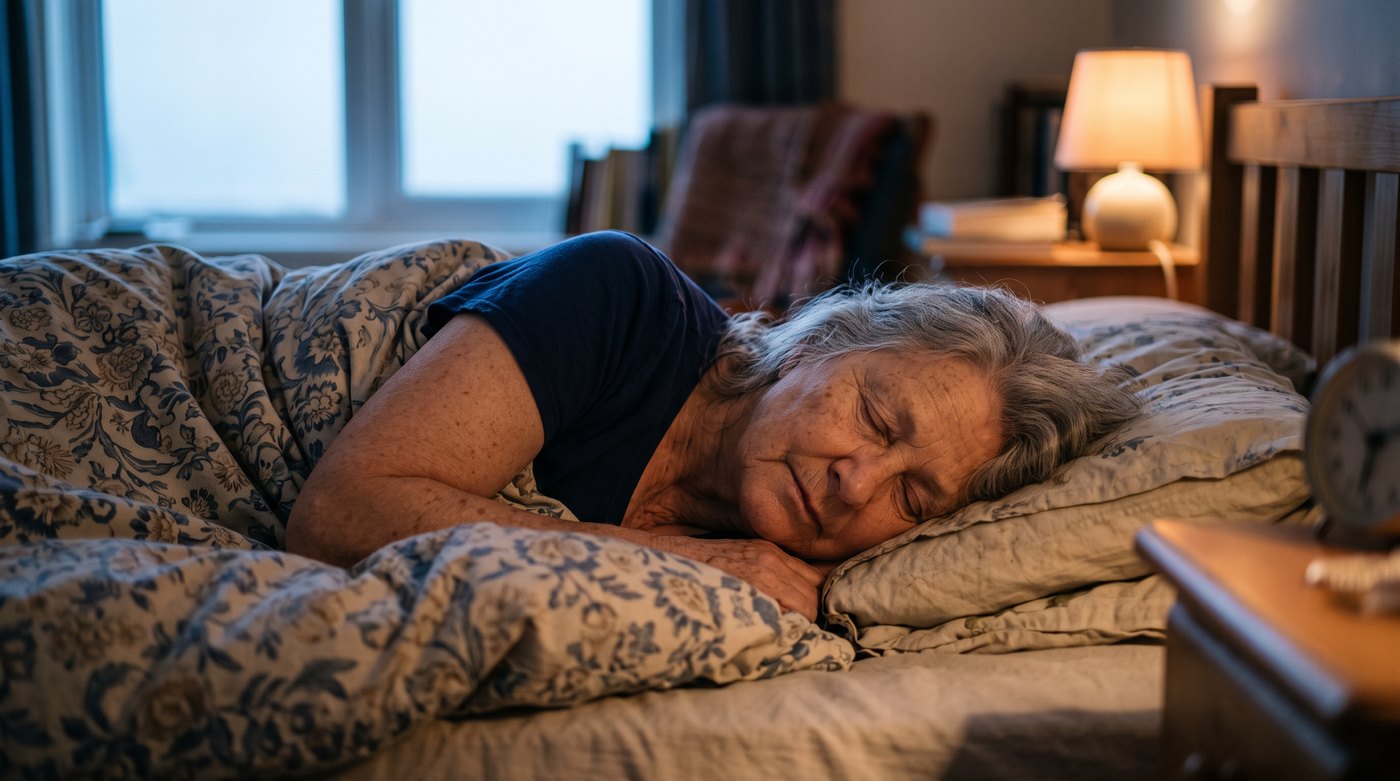 A woman around seventy genuinely asleep, face relaxed, in soft pre-dawn light