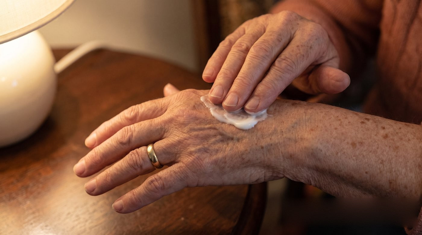 Older hands working a small amount of pale cream into the back of one hand, under warm lamplight