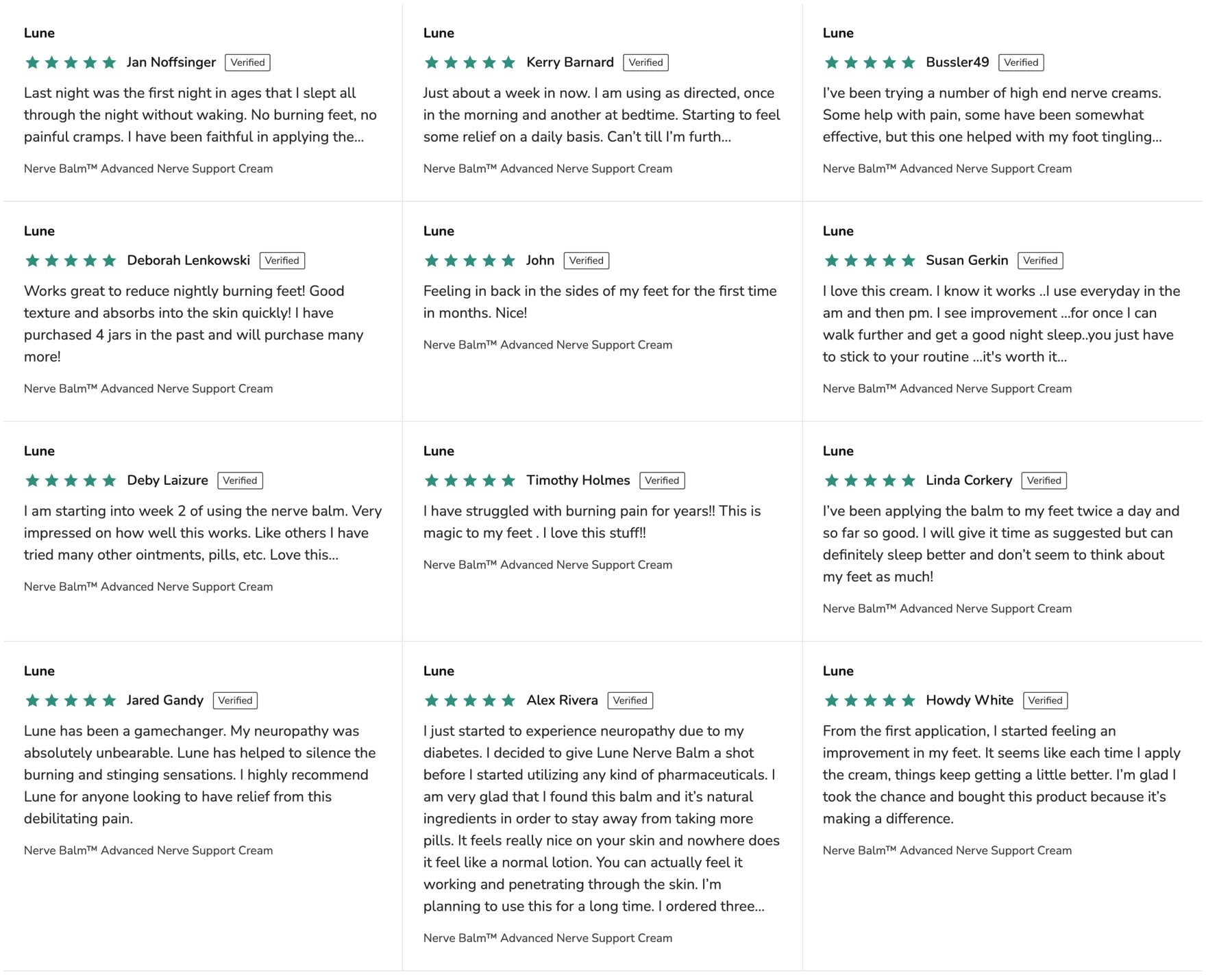 A wall of verified customer reviews for Lune Nerve Balm
