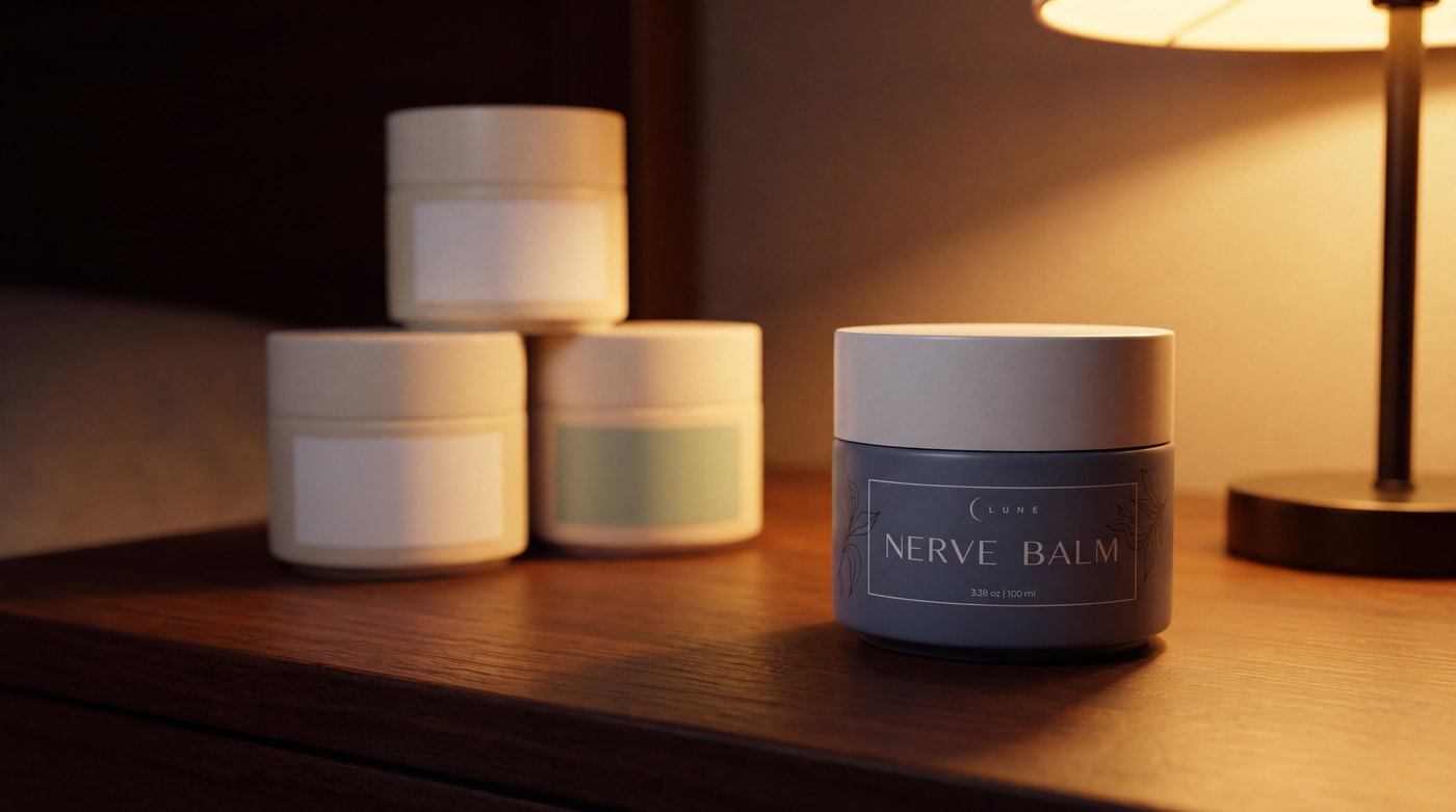 A Lune Nerve Balm jar sharp in the foreground on a lamplit nightstand, three unbranded cream tubs blurred behind it