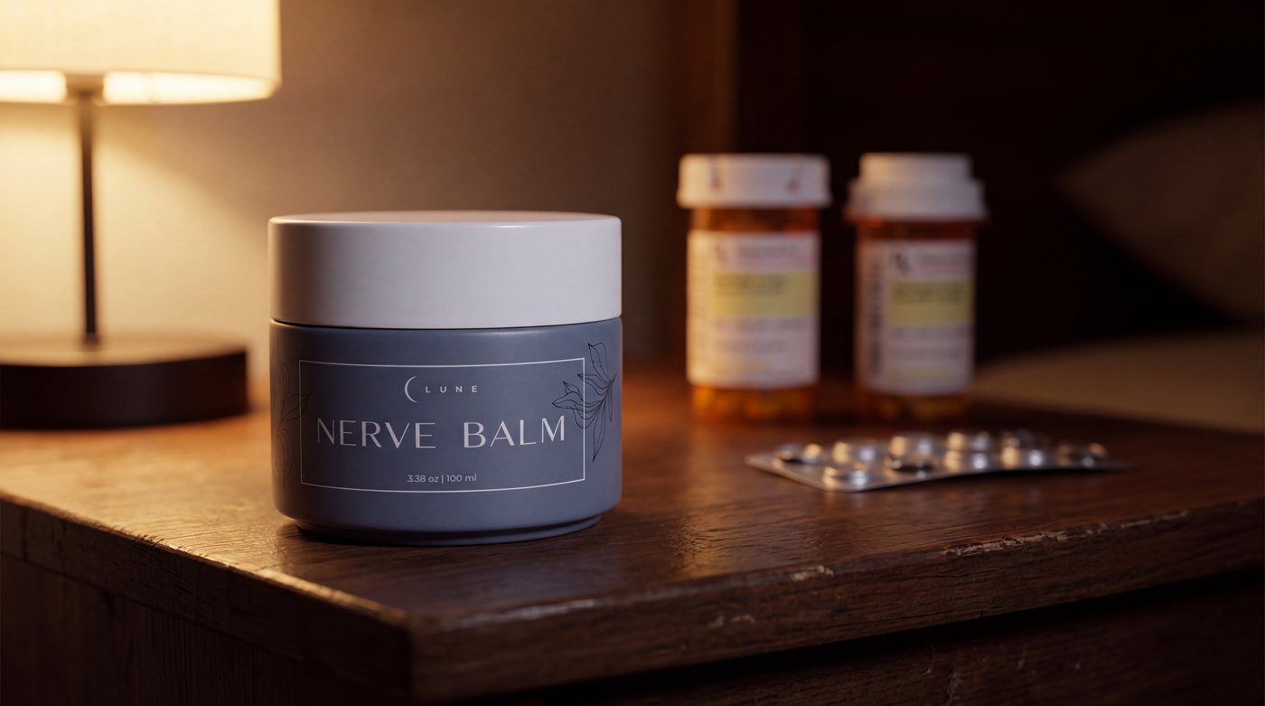 A Nerve Balm jar in front of amber prescription pill bottles pushed aside on a dark nightstand