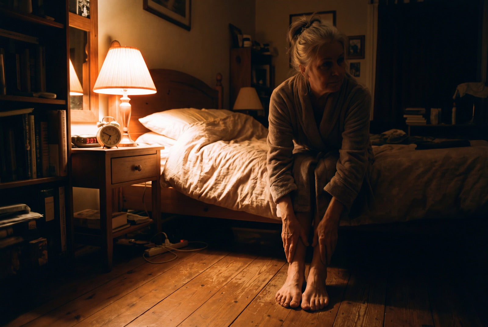 A woman in her seventies sitting on the edge of her bed at night, bare feet on the floor, a bedside clock reading just after three.