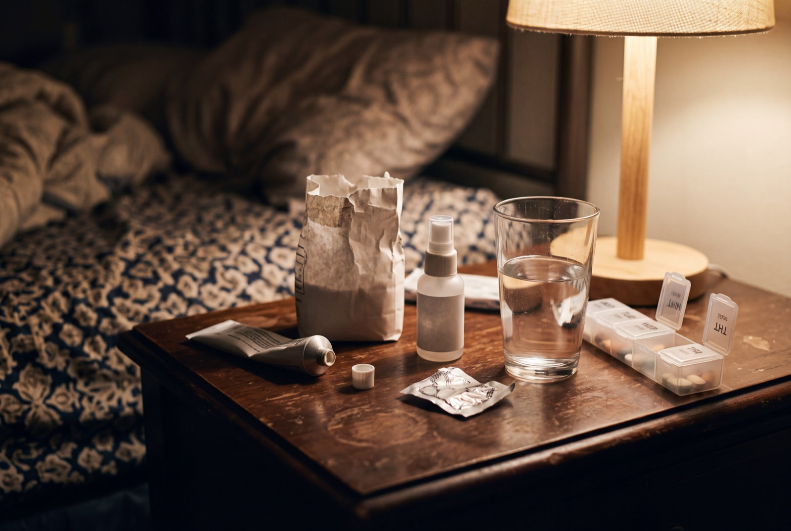 A cluttered nightstand at night: a half-squeezed tube with the cap off, a torn salt bag, a spray bottle, a pill organiser open, a glass of water.