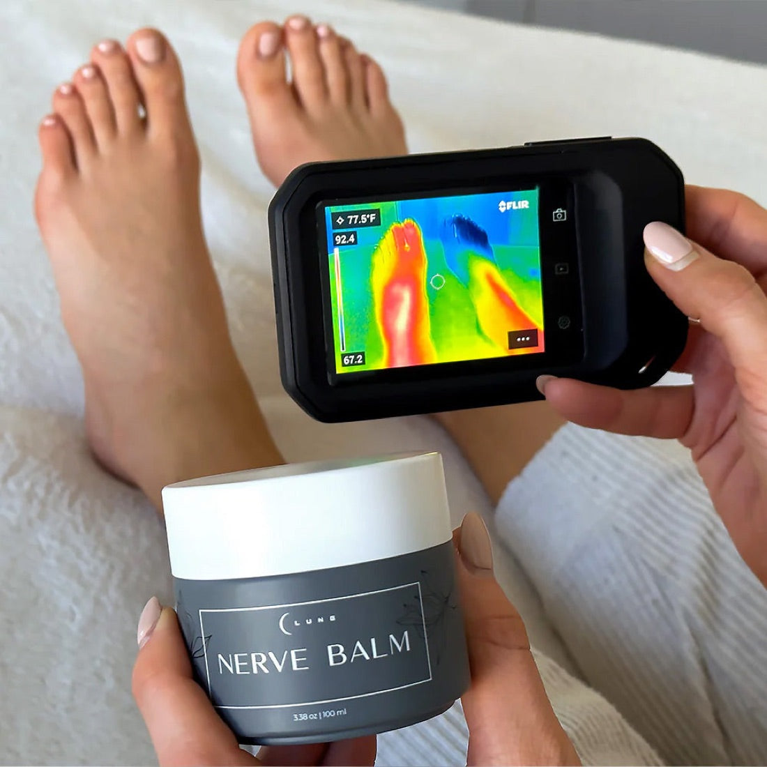 A thermal camera image of a bare foot after the balm was applied.