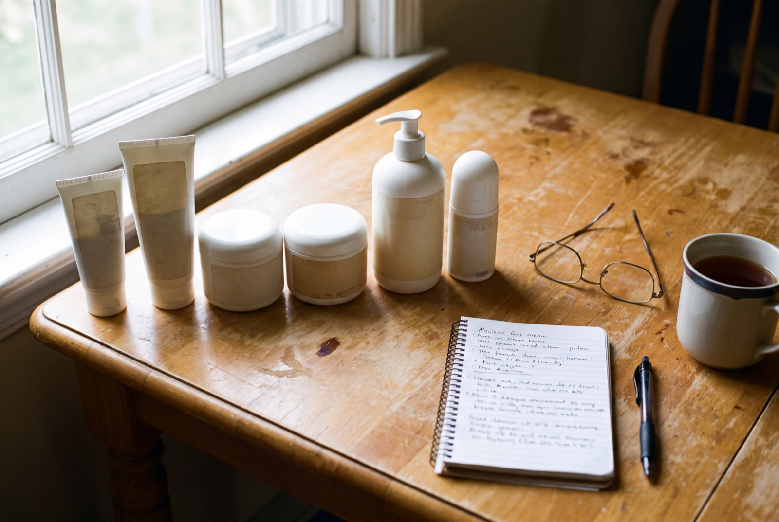 Six assorted unbranded cream tubes and tubs lined up on a worn kitchen table beside reading glasses and a notebook.
