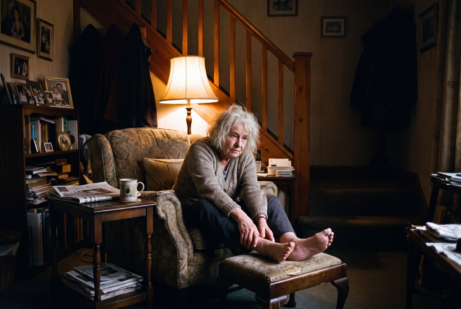 A woman in her late seventies sitting in an armchair in the evening, rubbing the top of her own foot.