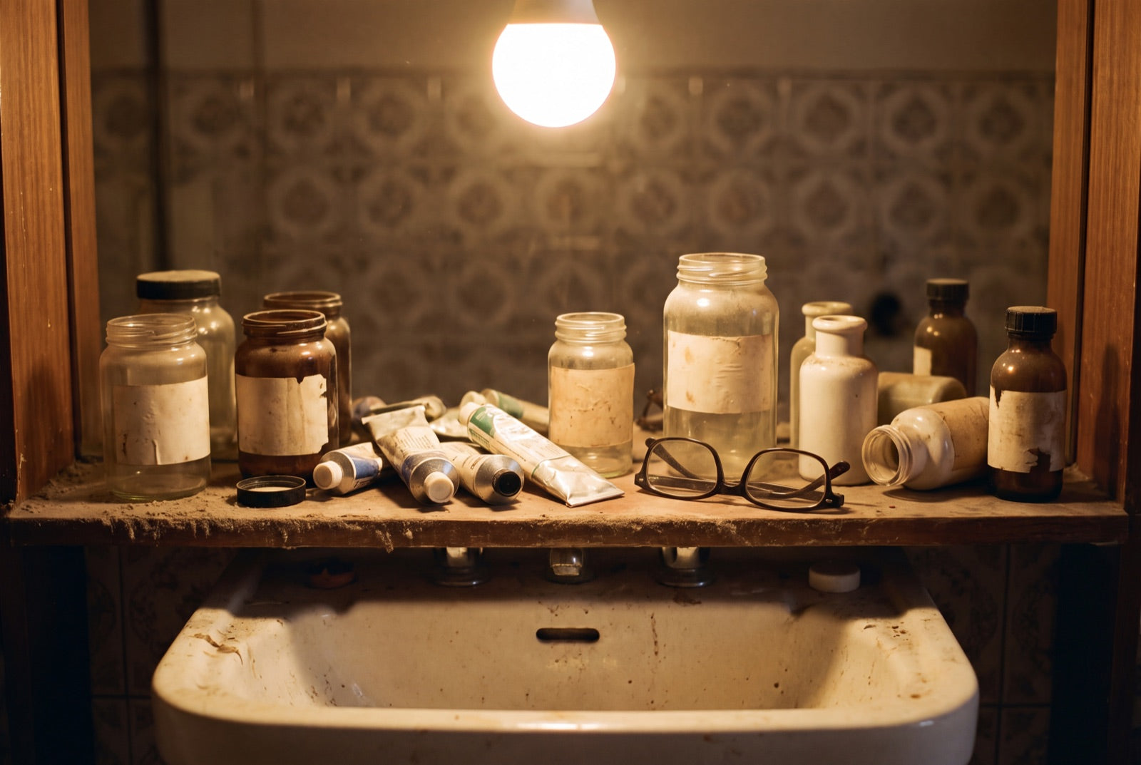 A crowded bathroom shelf of half-used creams and tubes in an older person's home.