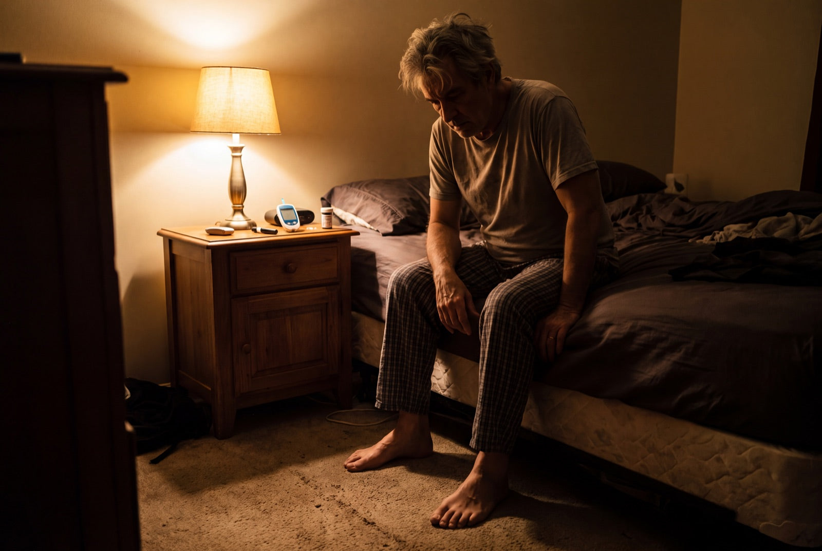 A man in his mid sixties sitting on the edge of his bed at night, bare feet on the floor, a glucose meter on the nightstand.