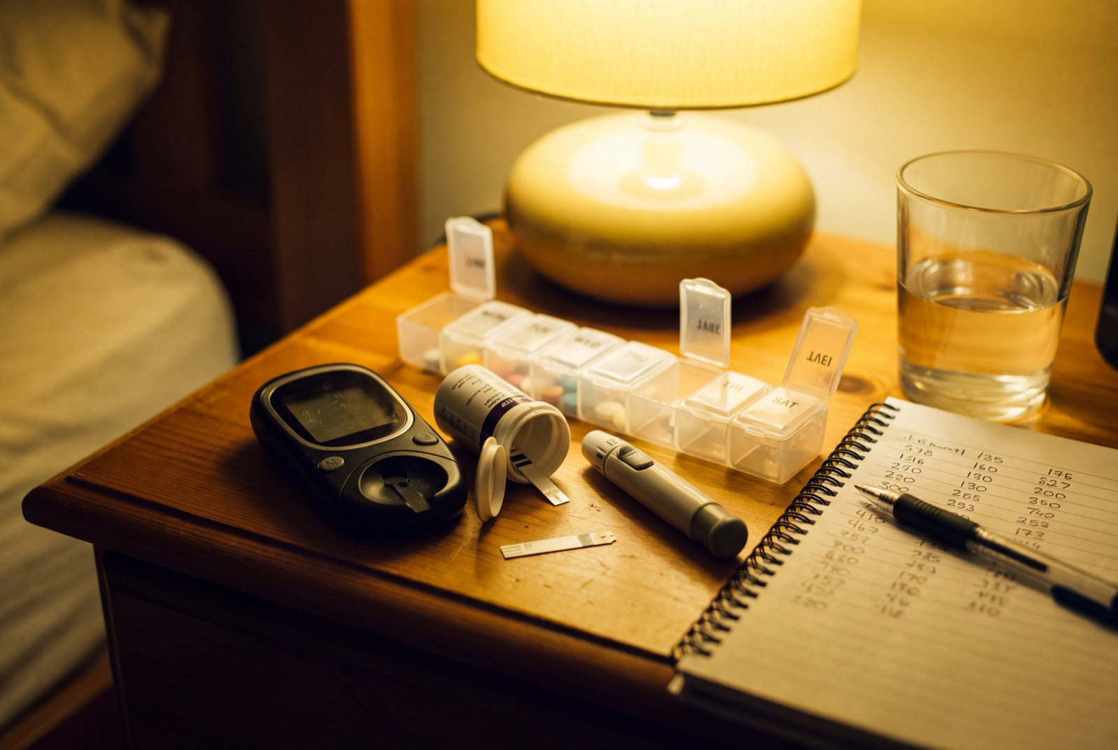A nightstand at night with a glucose meter, strip vial, lancing device, pill organiser and a notebook of handwritten numbers.