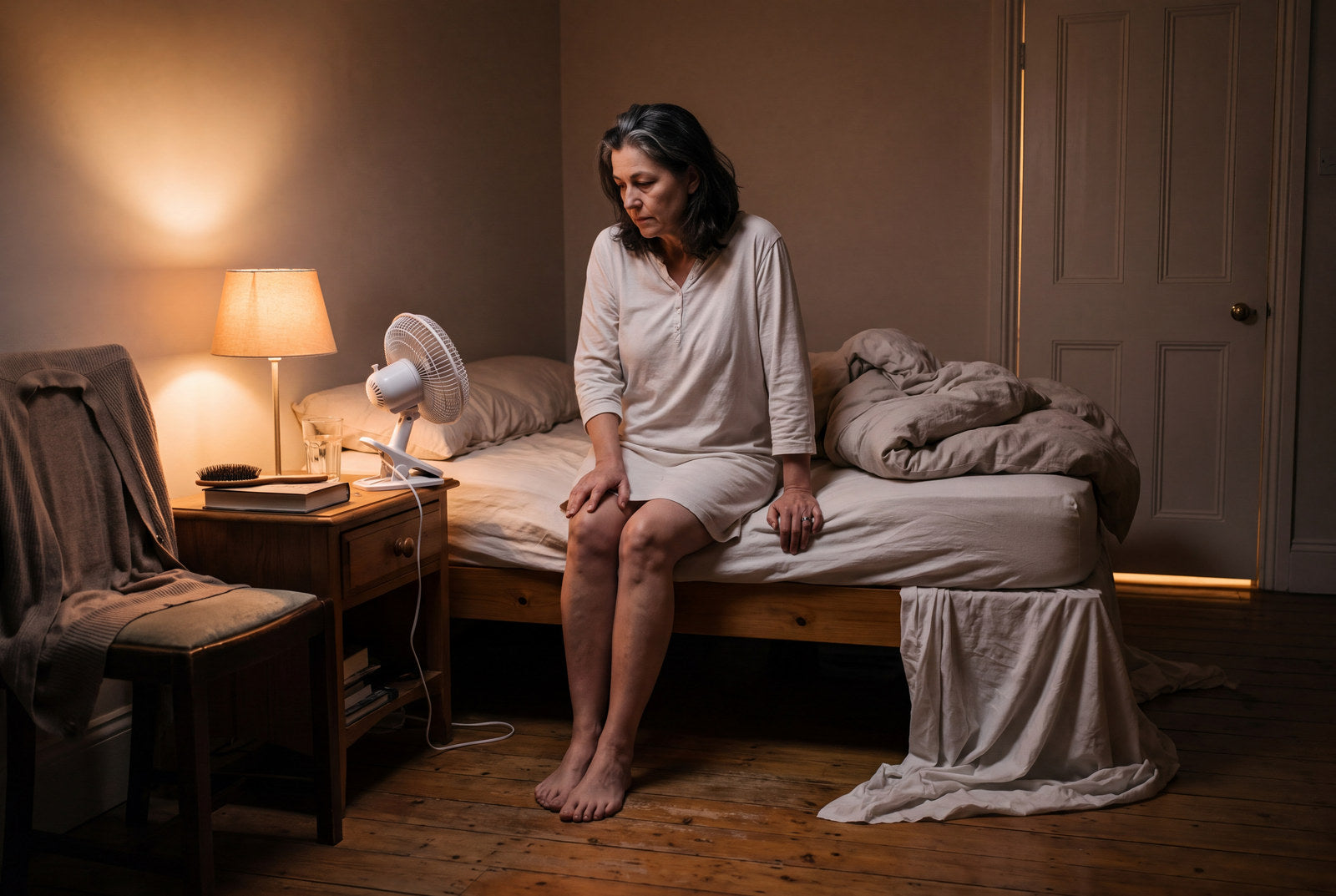 A woman in her early fifties sitting on the edge of her bed after midnight, the covers pushed to the foot of the bed, a small fan running on the nightstand, looking down at her bare feet.