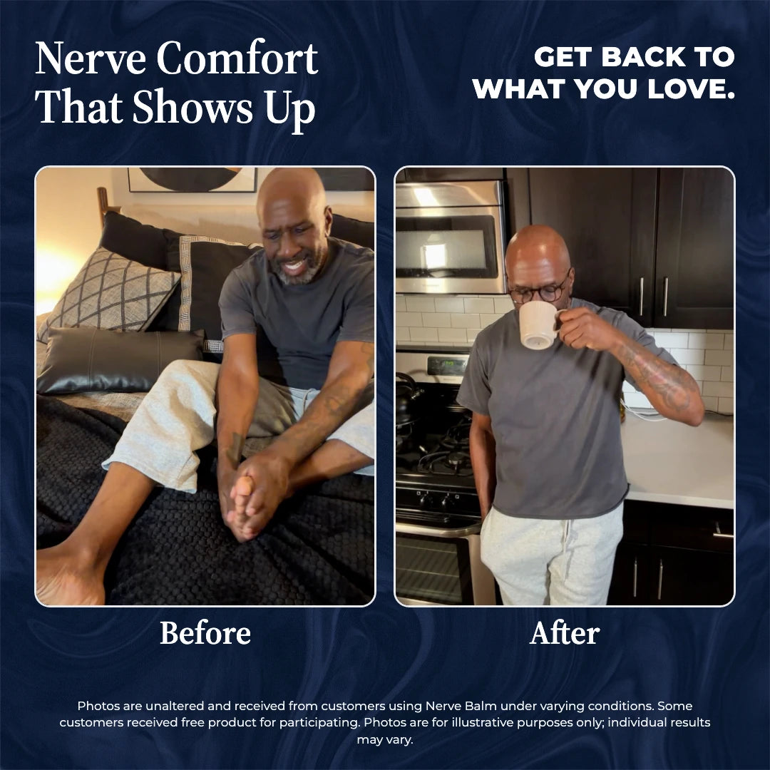 Before and after photos of a man massaging his foot in pain, then standing relaxed in his kitchen