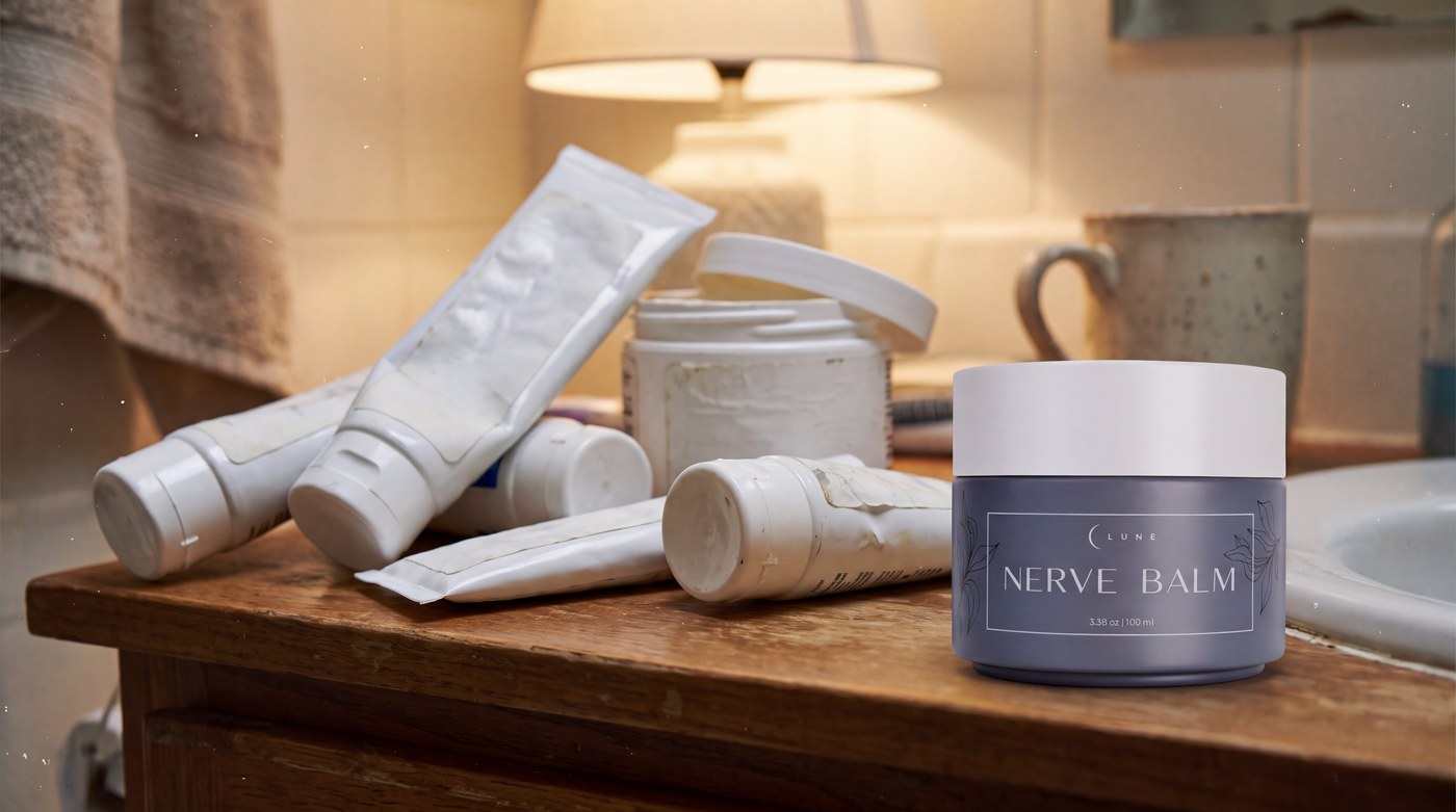 Several creased, half-used generic cream tubes piled on a bathroom shelf, with a jar of Lune Nerve Balm standing apart in front