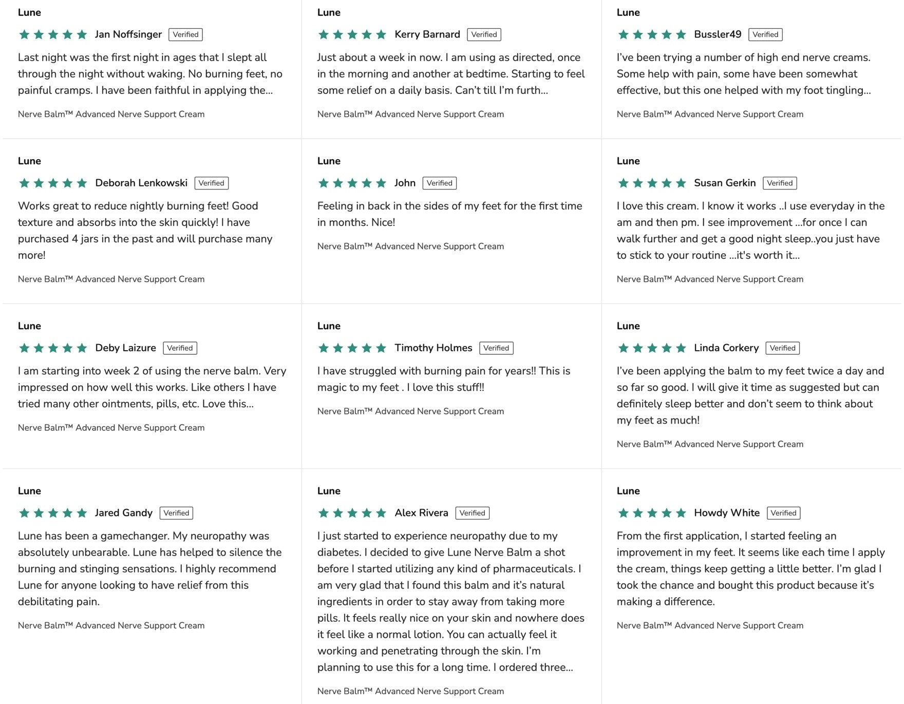 A wall of verified customer reviews for Lune Nerve Balm