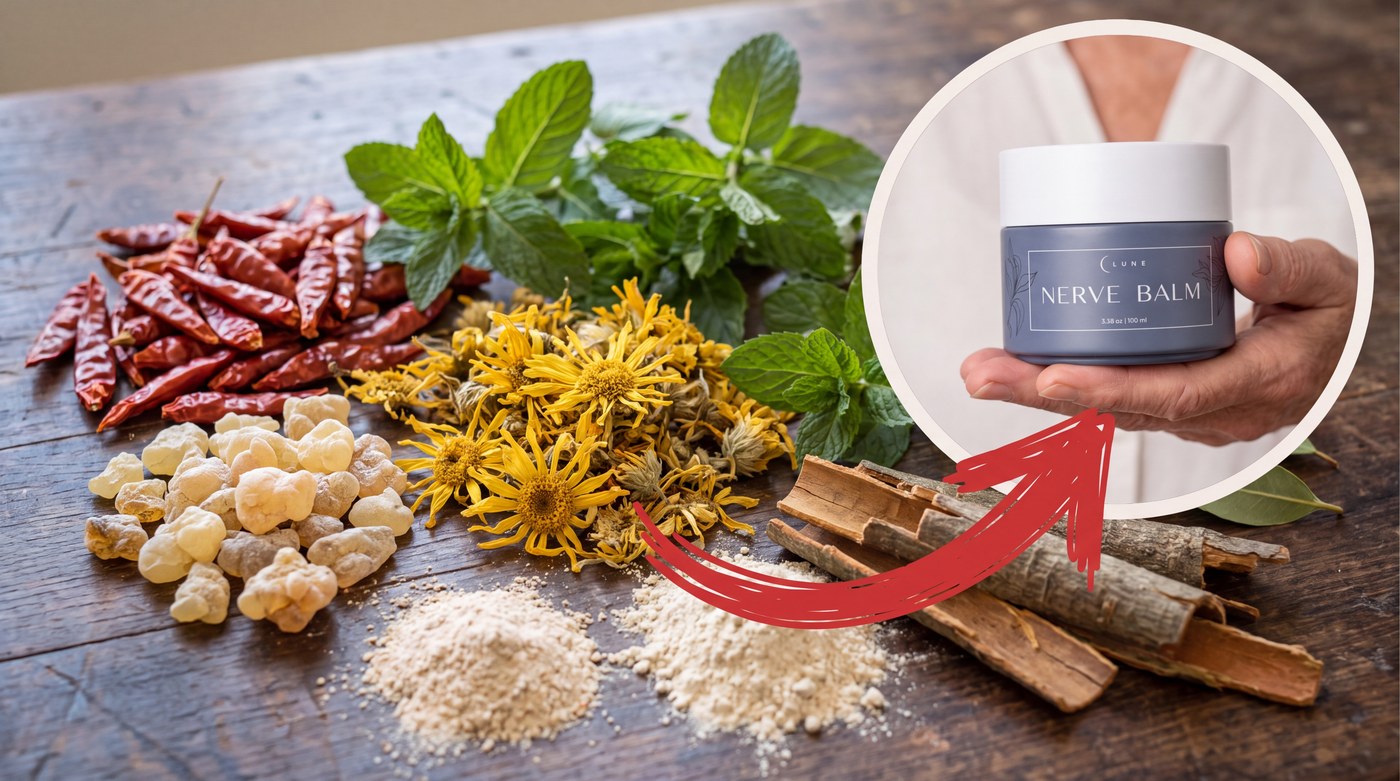 Raw cayenne pods, frankincense resin, arnica flowers, peppermint and willow bark on a wooden table, with an inset of a hand holding the Nerve Balm jar and a red arrow drawn between them