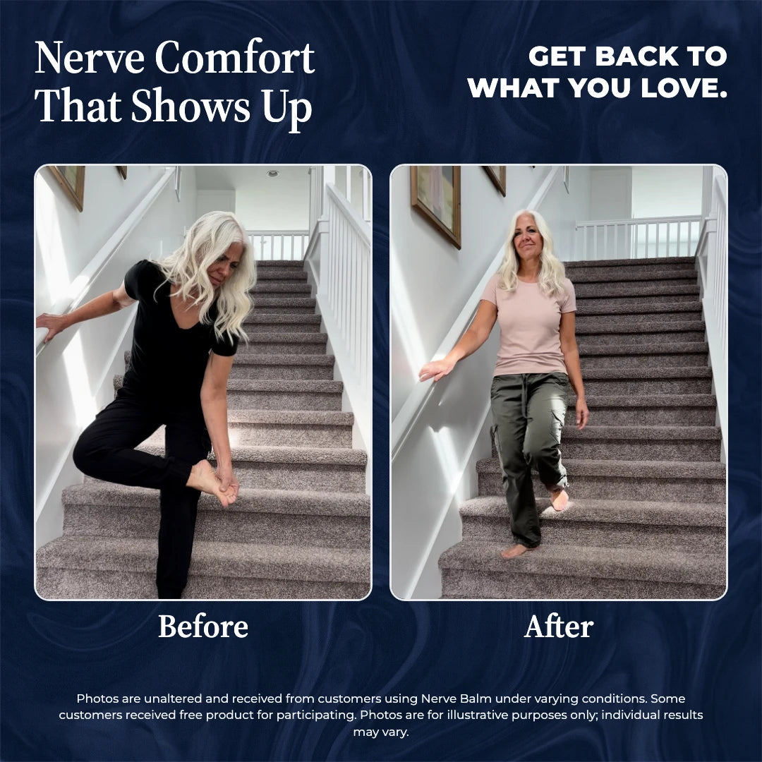 Before and after photos of a woman who struggled to climb stairs, then walked down them comfortably